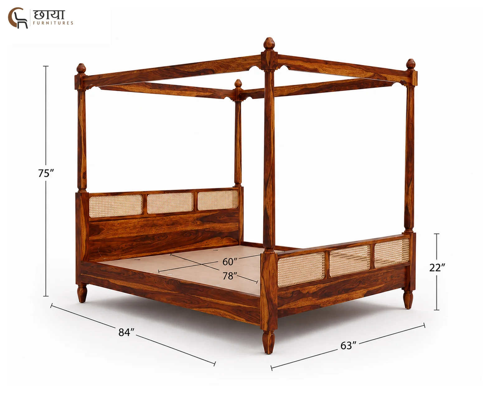 Samrath Sheesham Wood Poster Bed Without Storage (Queen Size, Honey Finish) — Queen 001