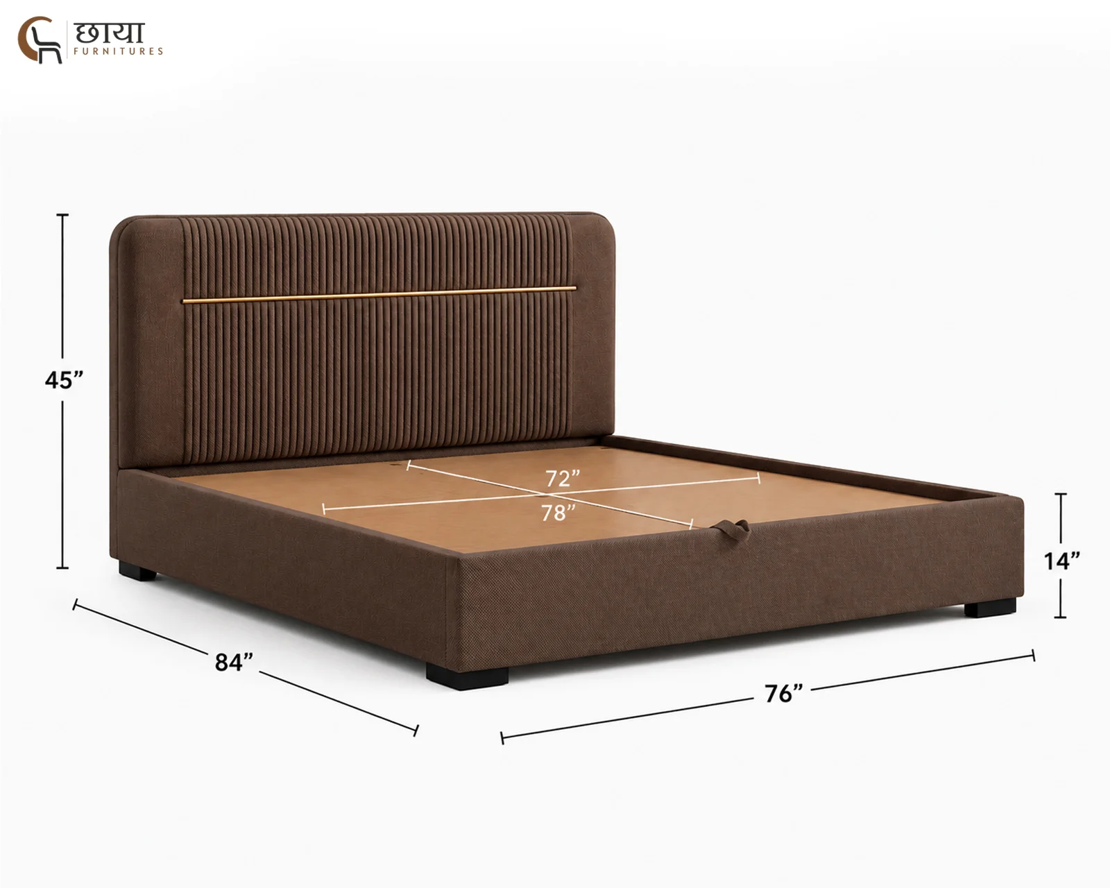 Nivara Fully Upholstered Bed With Hydraulic Storage (King Size, Brown) — king size 001