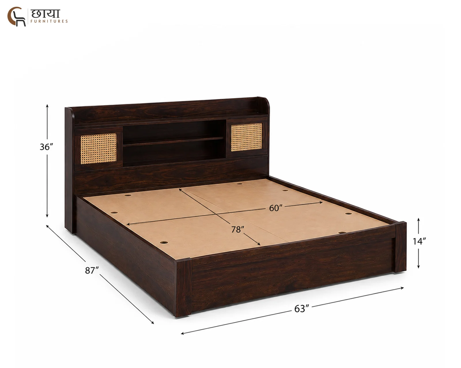 Nivas Sheesham Wood Bed With Box Storage (Queen Size, Walnut Finish) — Queen Size 001