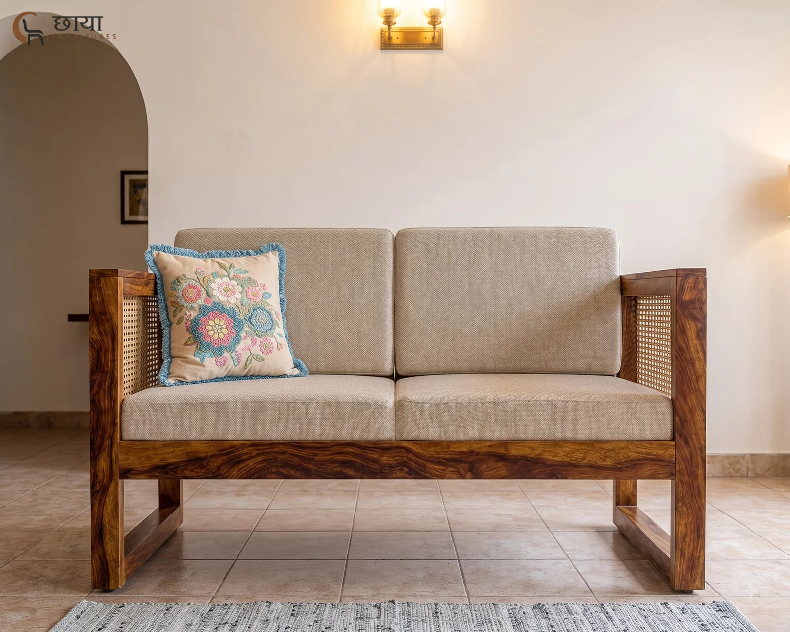 Baithak 2 Seater Wooden Sofa (Honey Finish) — 85