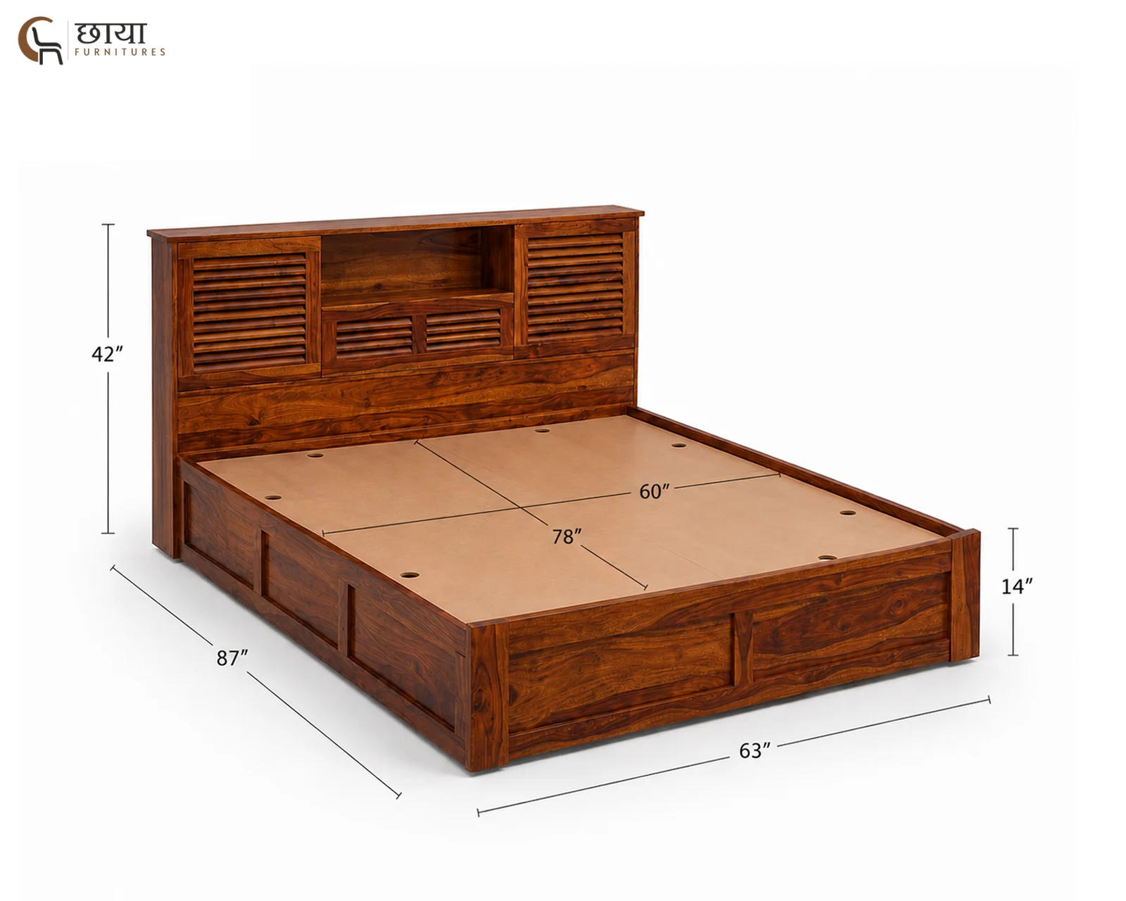 Riyasat Sheesham Wood Bed With Box Storage (Queen Size, Honey Finish) — Queen Size 001