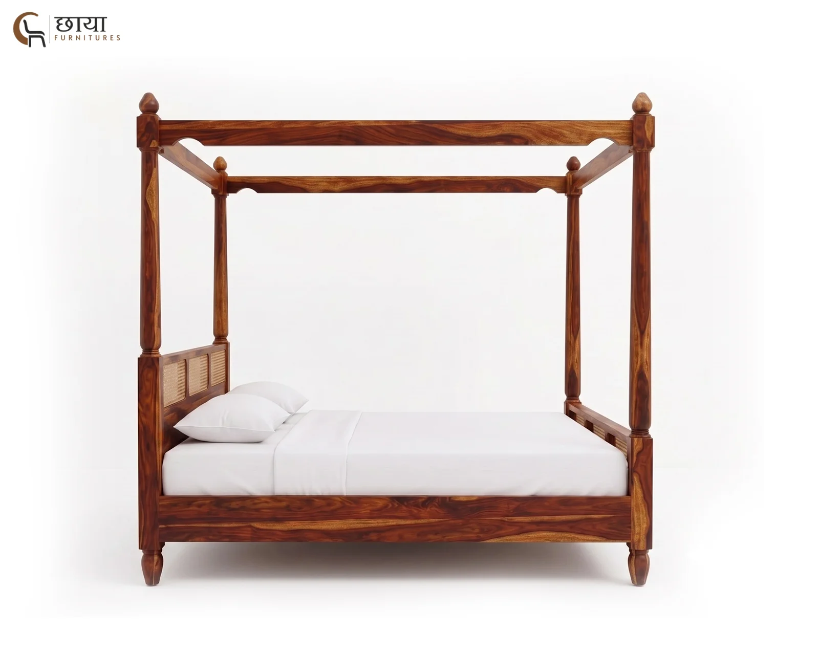 Samrath Sheesham Wood Poster Bed Without Storage (King Size, Honey Finish) — 01