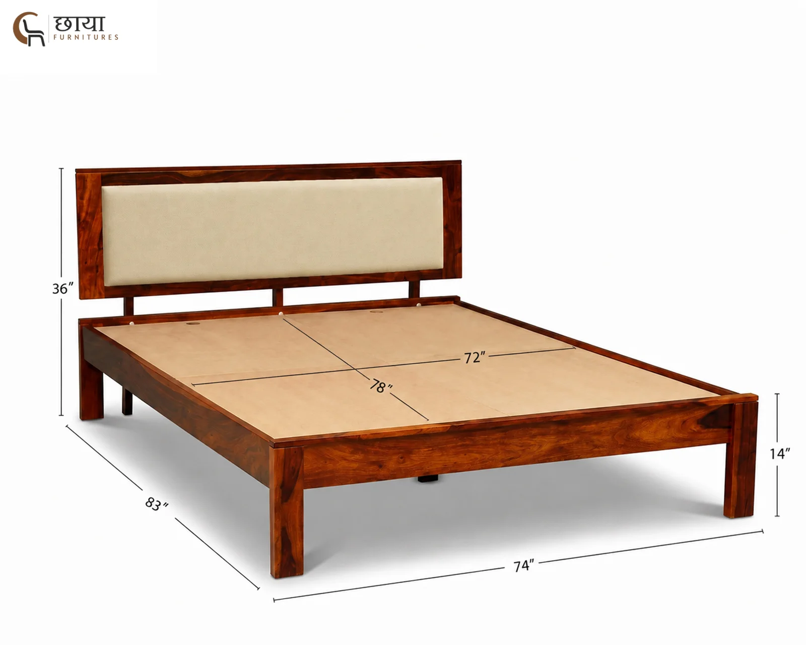 Riya Sheesham Wood Bed Without Storage (King Size, Honey Finish) — King Size