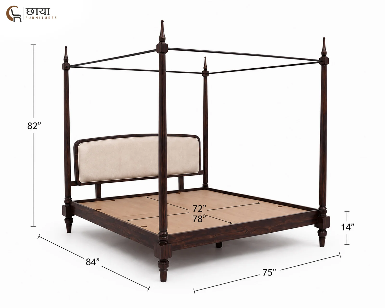 Rajveer Sheesham Wood Poster Bed Without Storage (King Size, Walnut Finish) — King Size 003