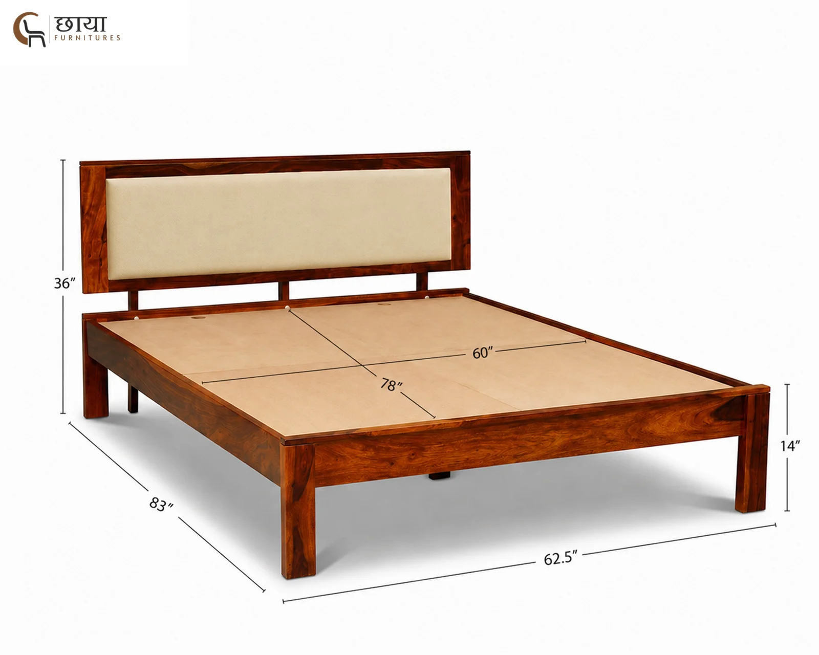 Riya Sheesham Wood Bed Without Storage (Queen Size, Honey Finish) — Queen Size 3