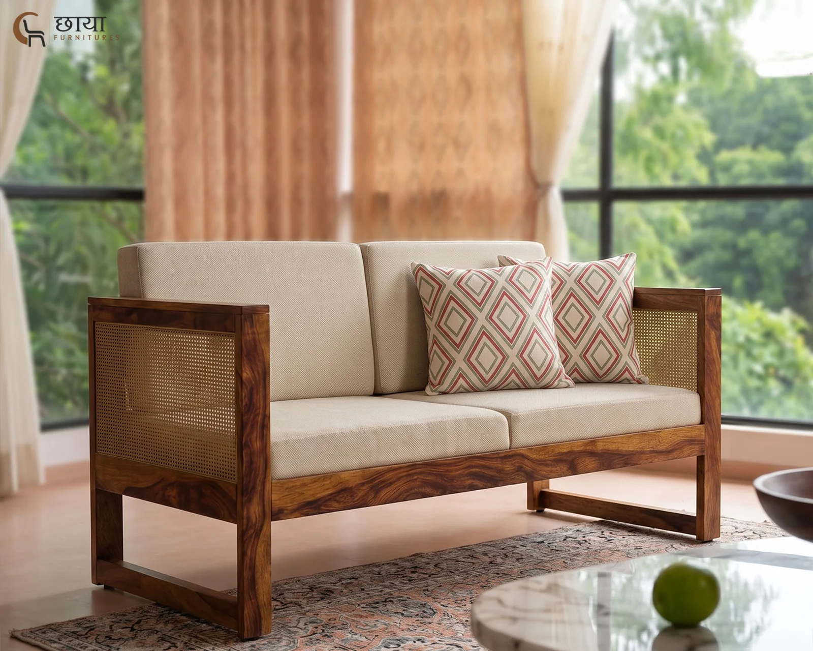 Baithak 2 Seater Wooden Sofa (Honey Finish) — 84