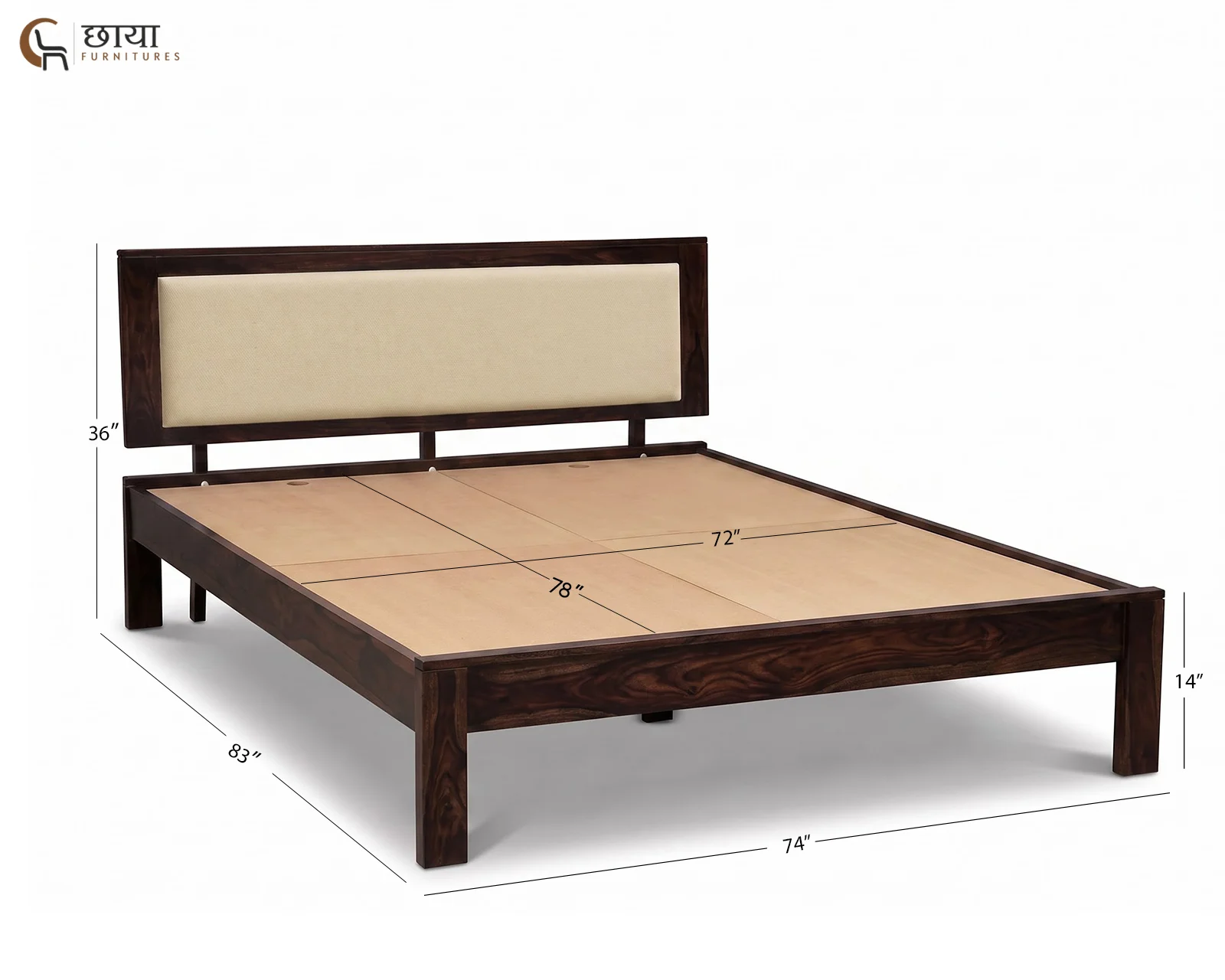 Riya Sheesham Wood Bed Without Storage (King Size, Walnut Finish) — King Size 2