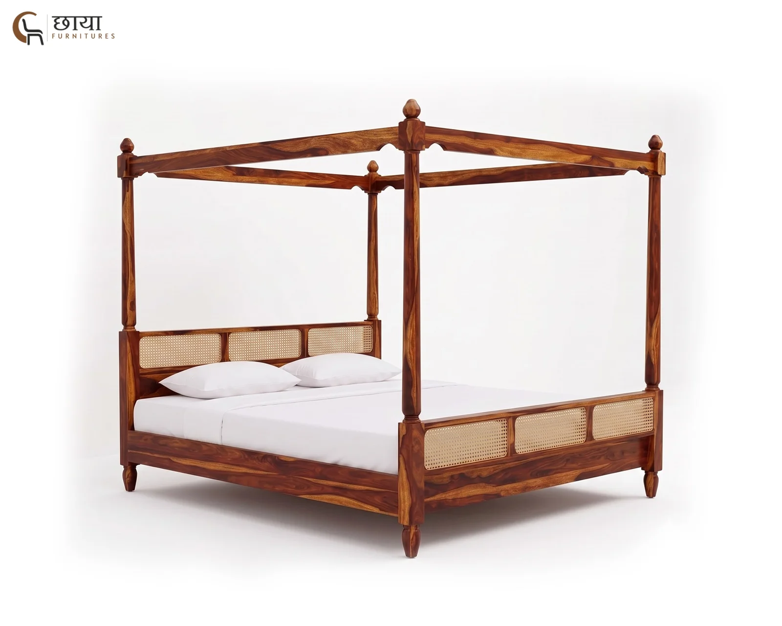 Samrath Sheesham Wood Poster Bed Without Storage (Queen Size, Honey Finish) — 08