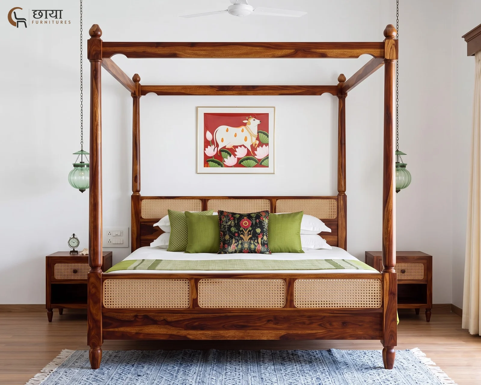 Samrath Sheesham Wood Poster Bed Without Storage (Queen Size, Honey Finish) — 002