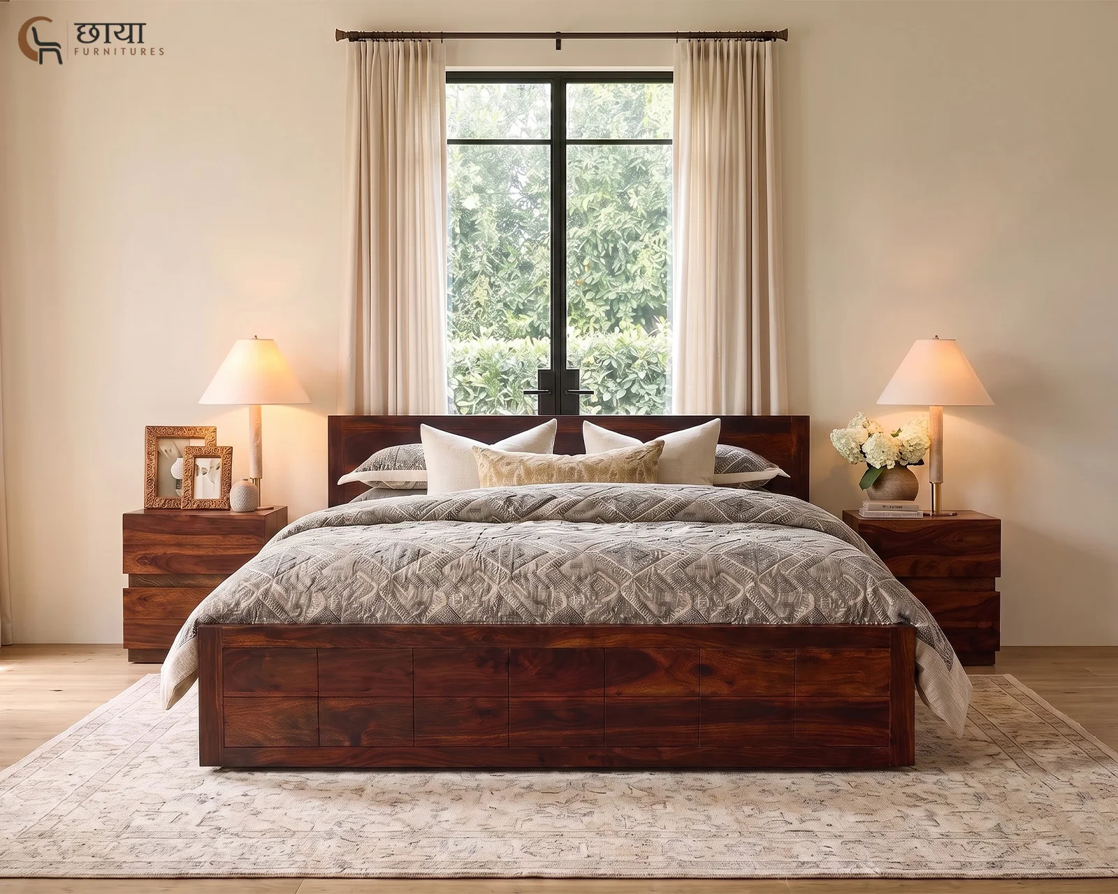 Orian Sheesham Wood Bed With Box Storage (Queen Size, Walnut Finish) — Orian W 4