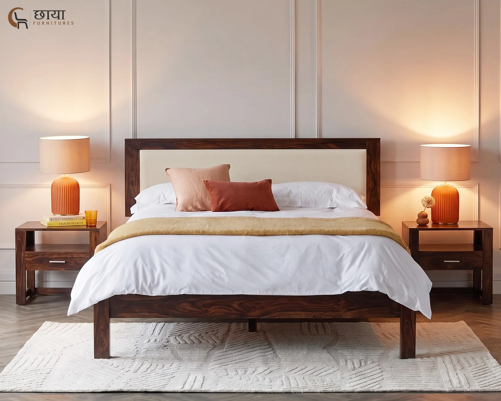 Riya Sheesham Wood Bed Without Storage (King Size, Walnut Finish) — 003