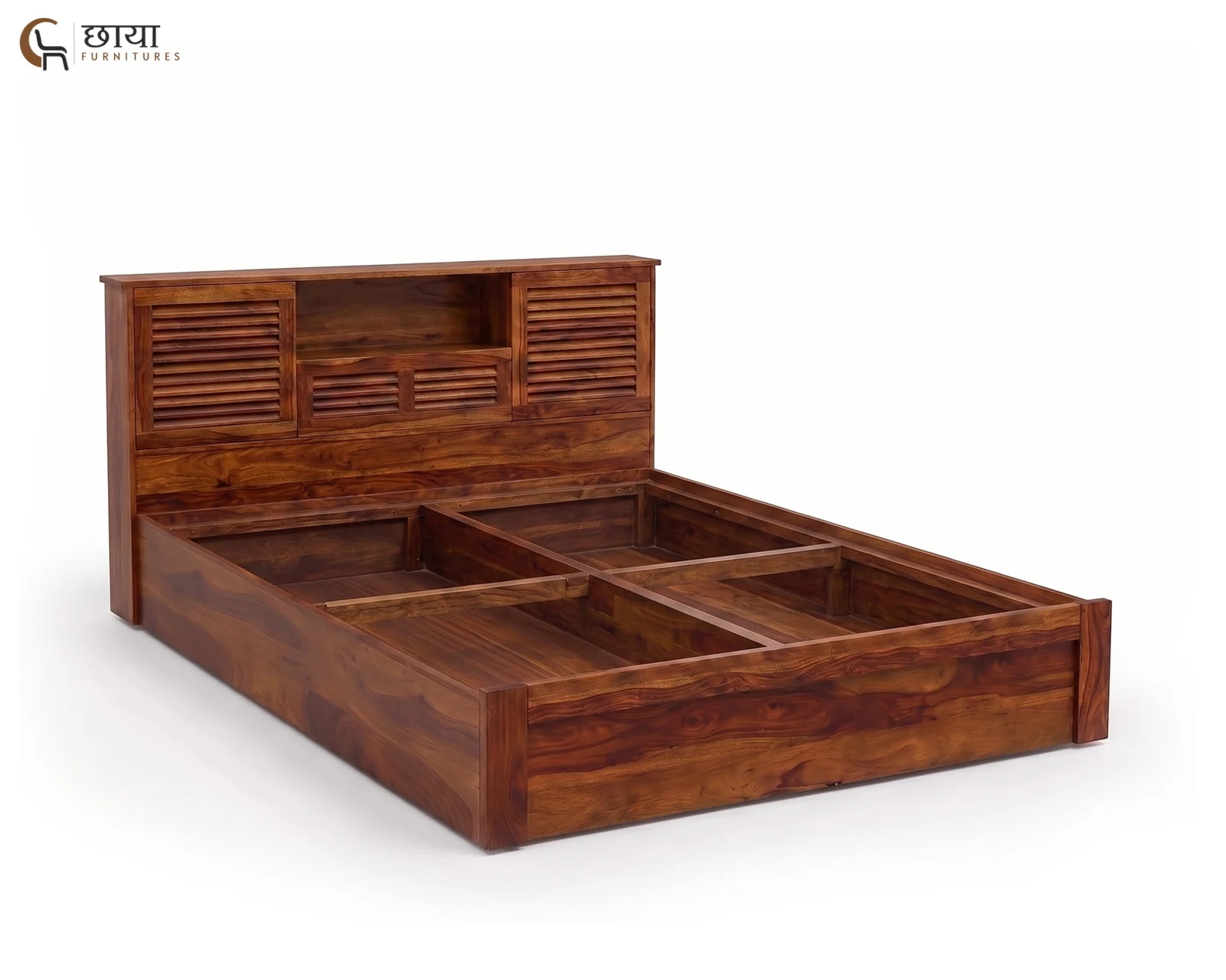 Riyasat Sheesham Wood Bed With Box Storage (Queen Size, Honey Finish) — 01