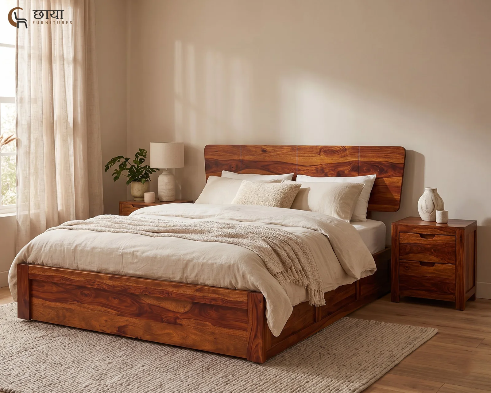 Veer Sheesham Wood Bed With Box Storage (King Size, Honey Finish) — 01