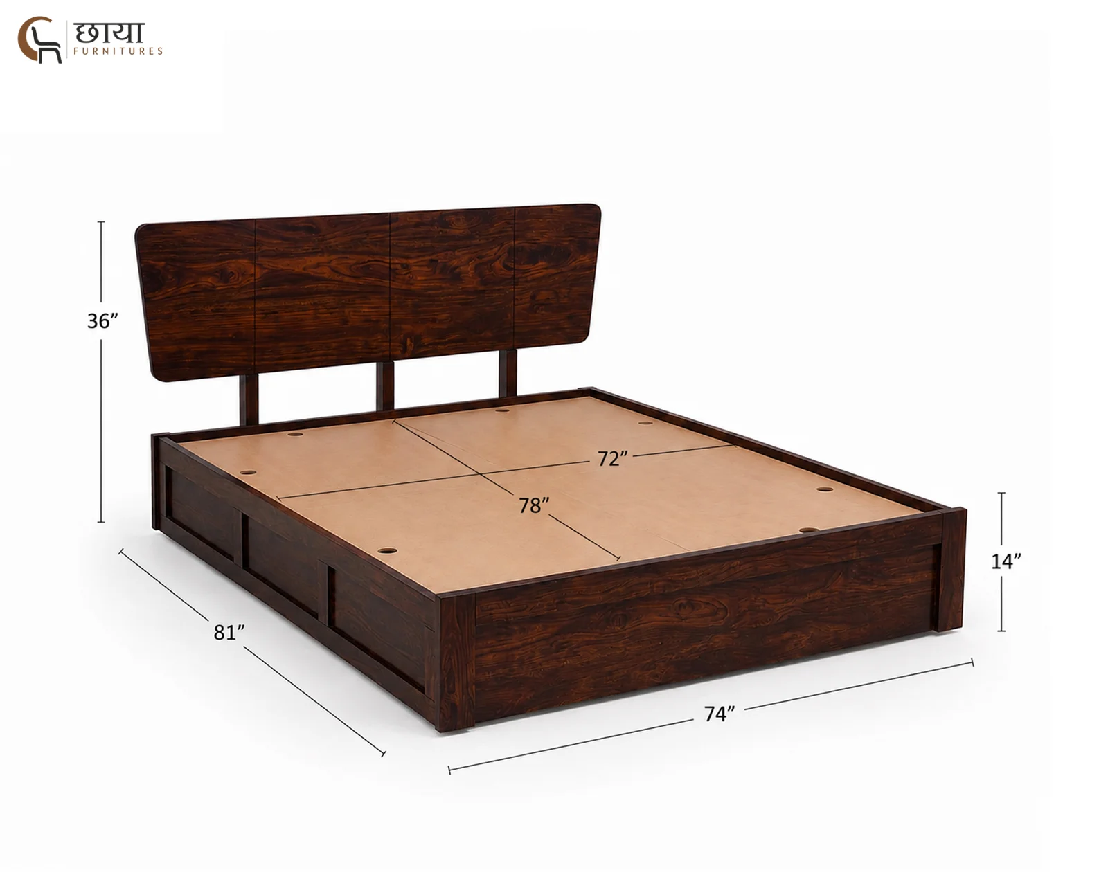 Veer Sheesham Wood Bed With Box Storage (King Size, Walnut Finish) — King Size 001