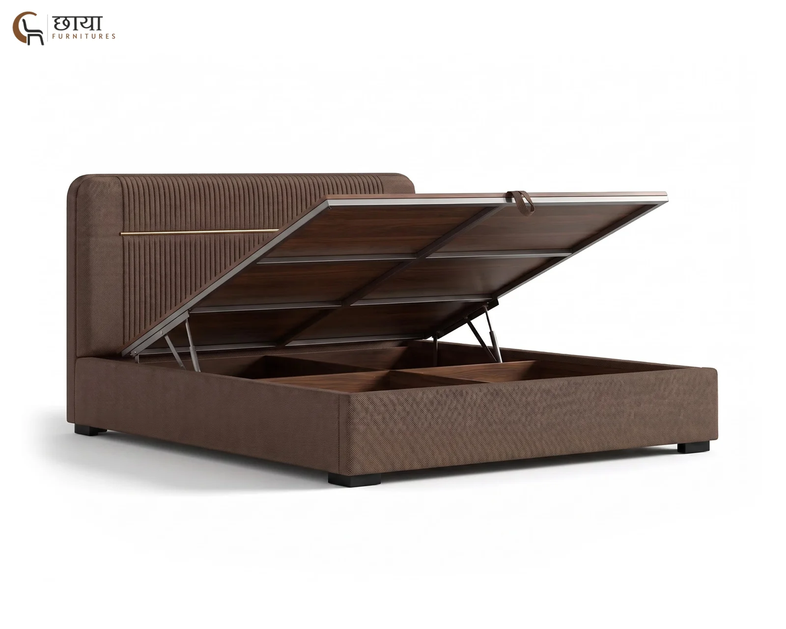 Nivara Fully Upholstered Bed With Hydraulic Storage (Queen Size, Brown) — 08