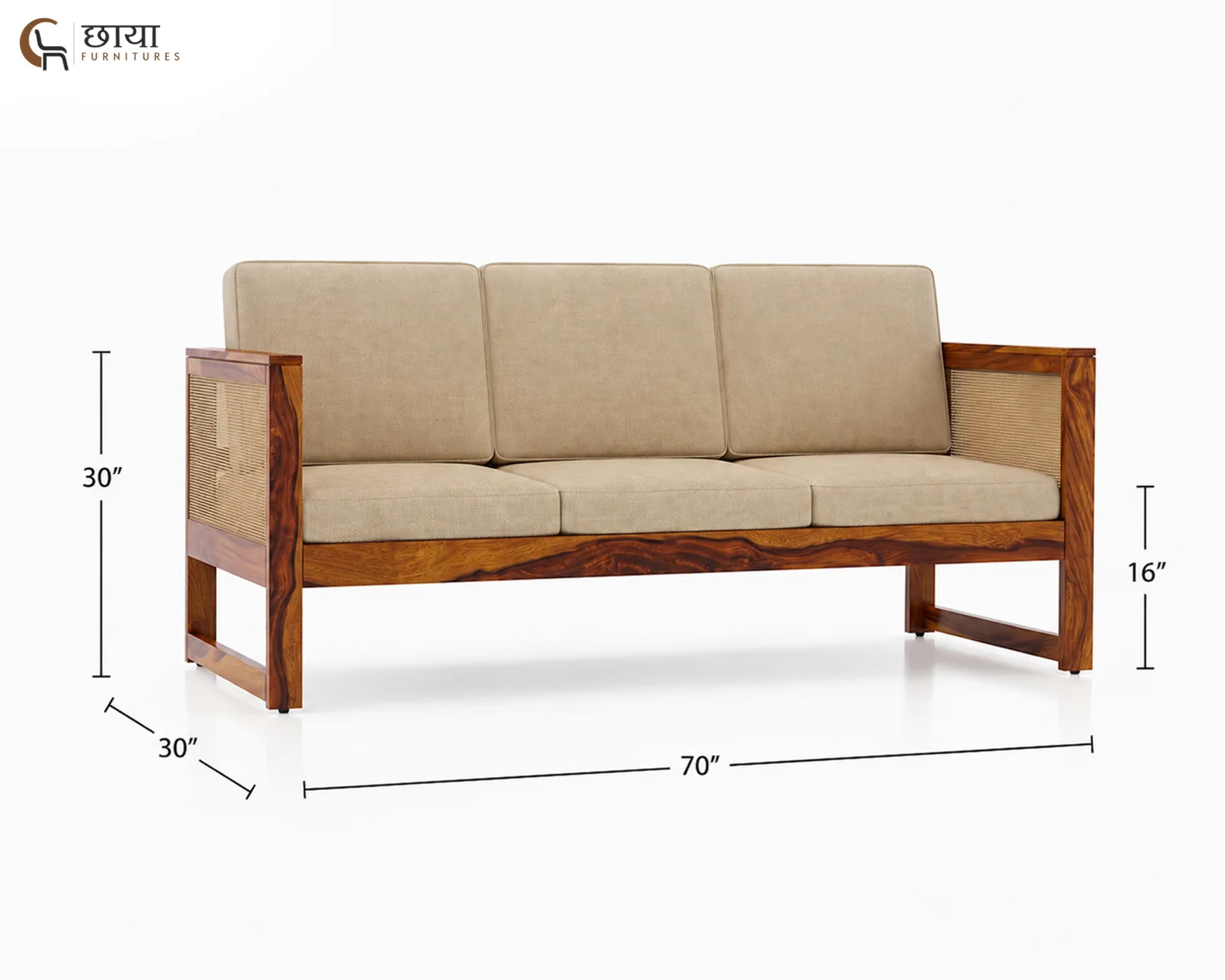 Baithak 3+1+1 Wooden Sofa (Honey Finish) — three seater