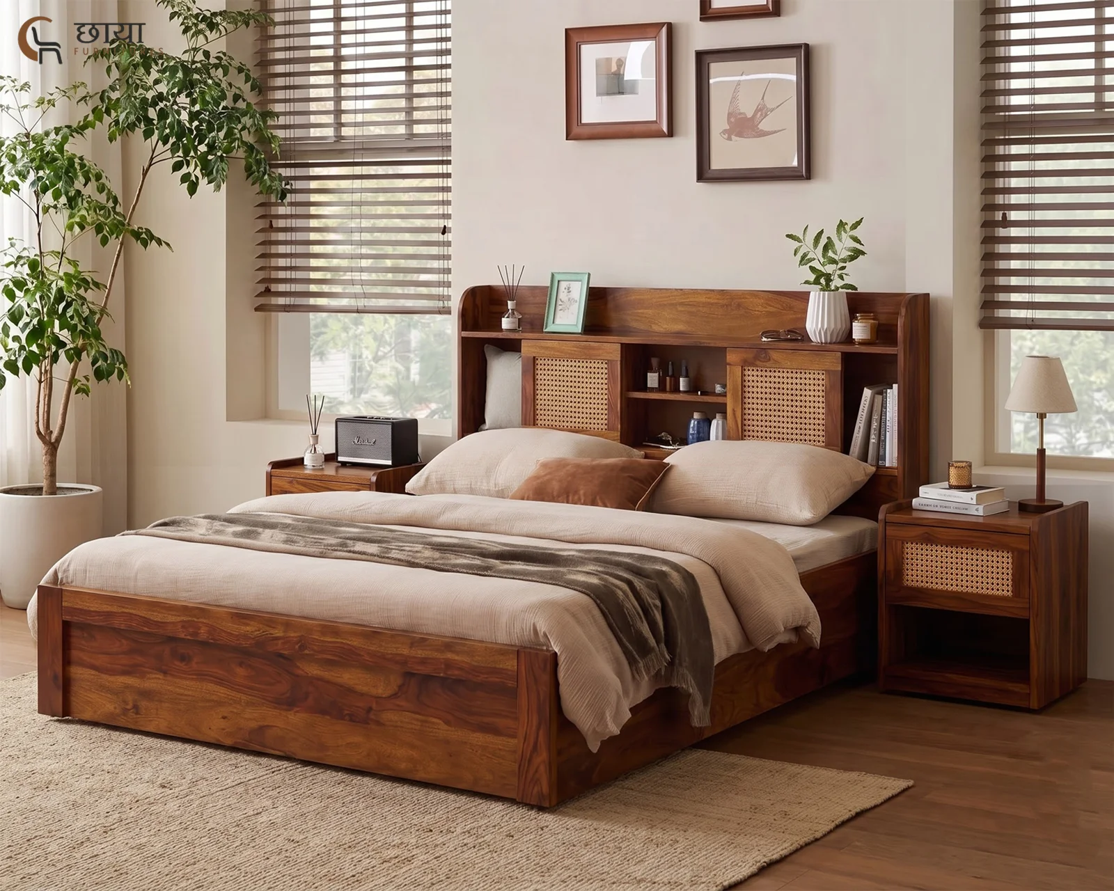 Nivas Sheesham Wood Bed With Box Storage (King Size, Honey Finish) — 006