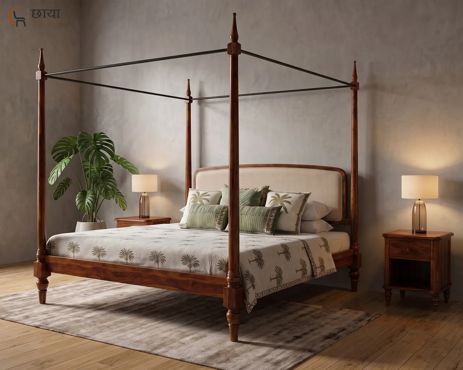 Rajveer Sheesham Wood Poster Bed Without Storage (Queen Size, Honey Finish) — 09