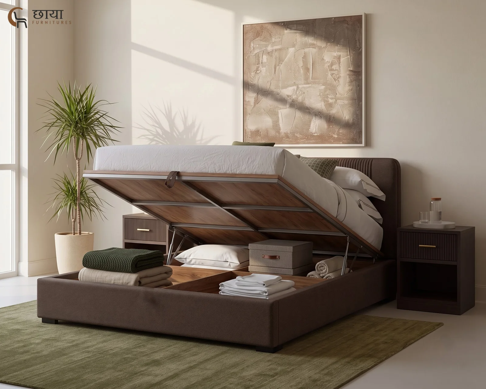 Nivara Fully Upholstered Bed With Hydraulic Storage (Queen Size, Brown) — 11