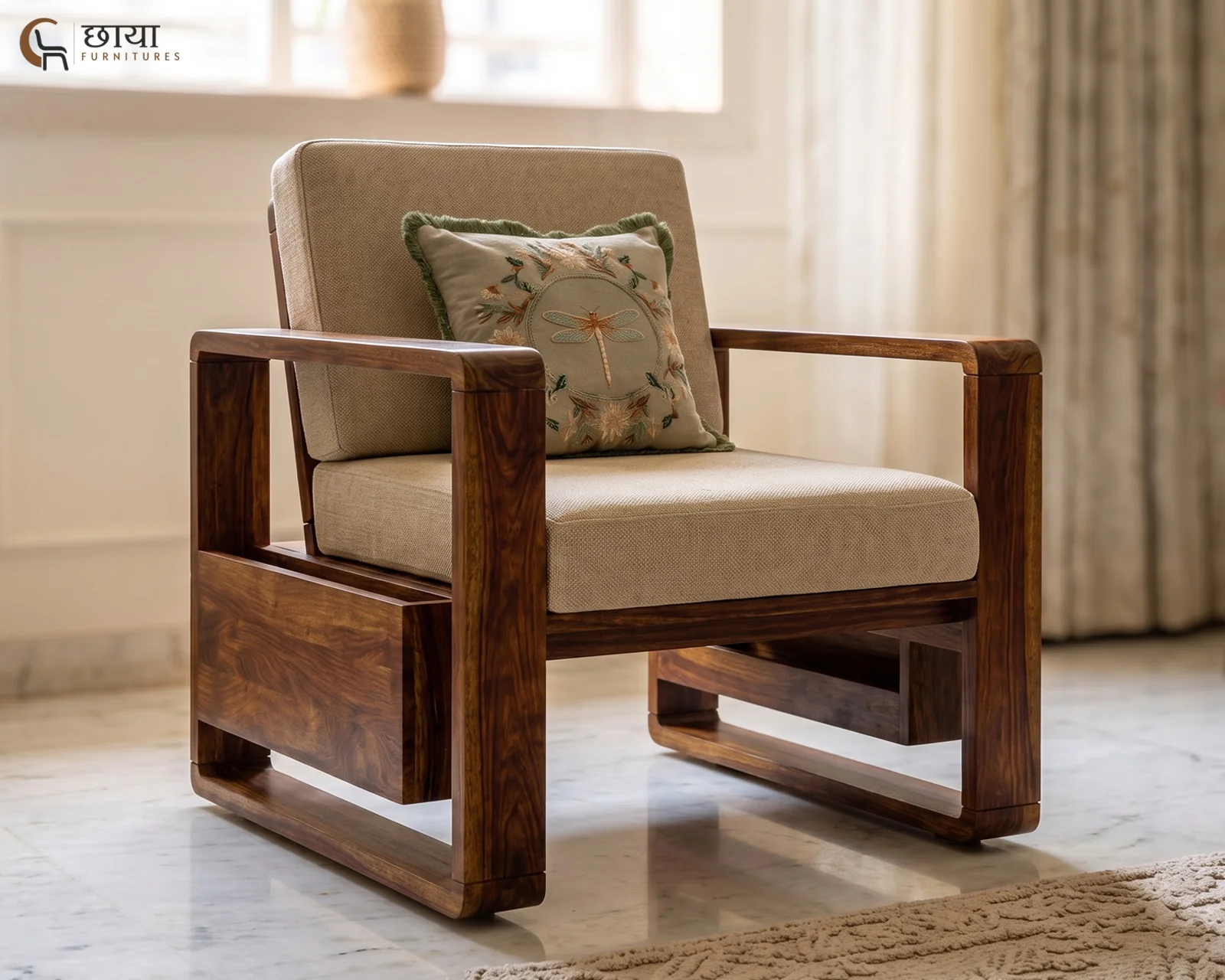 Aryan Single Seater Wooden Sofa (Teak Finish) — one 4