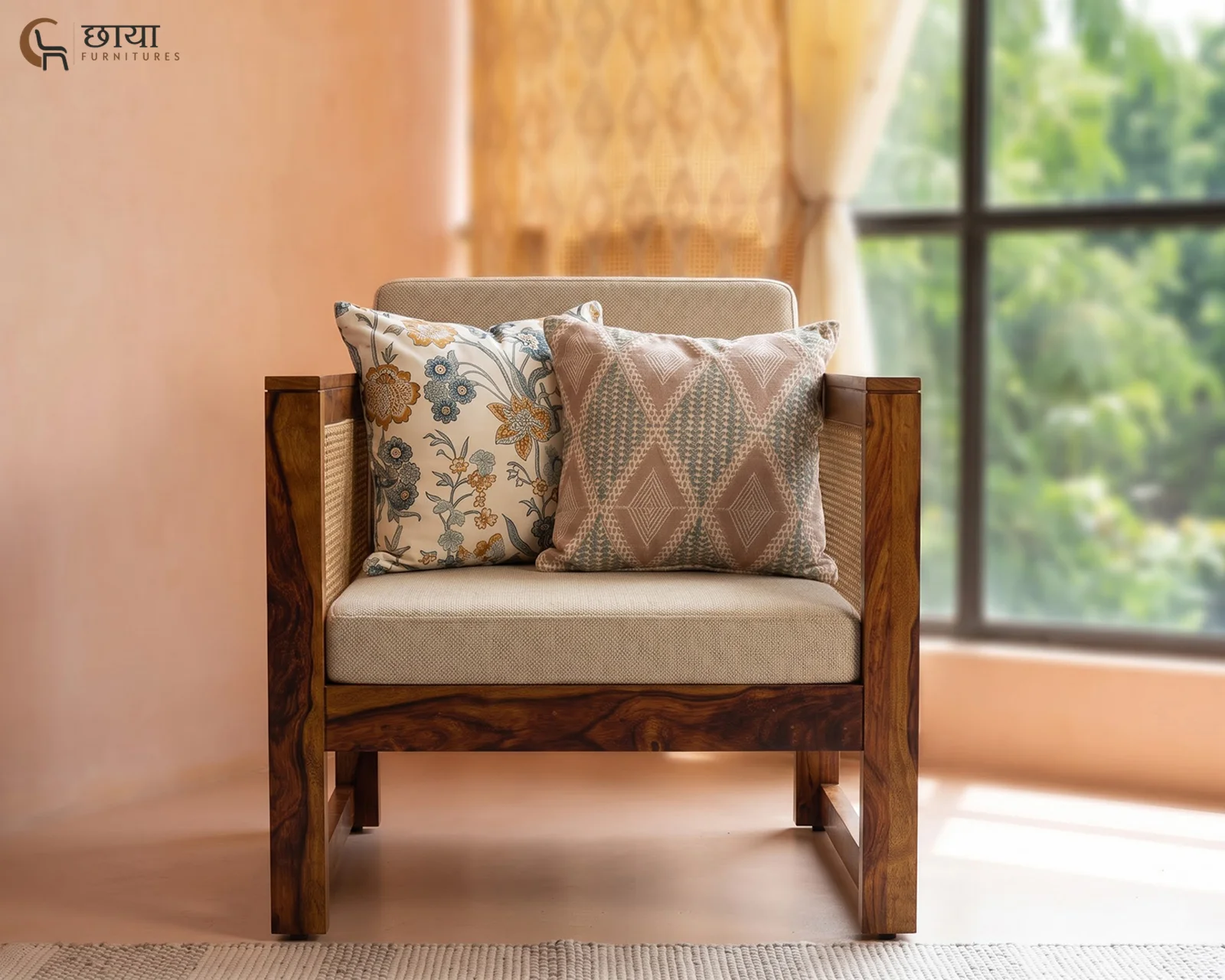 Baithak Single Seater Wooden Sofa (Honey Finish) — 75
