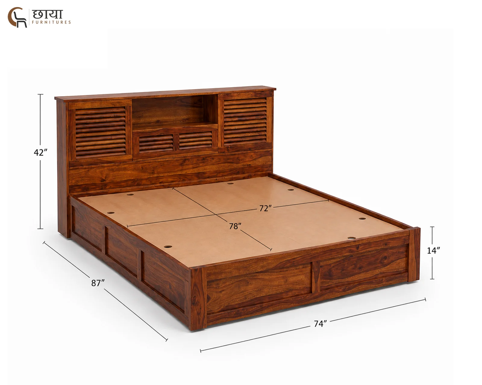 Riyasat Sheesham Wood Bed With Box Storage (King Size, Honey Finish) — King Size 001