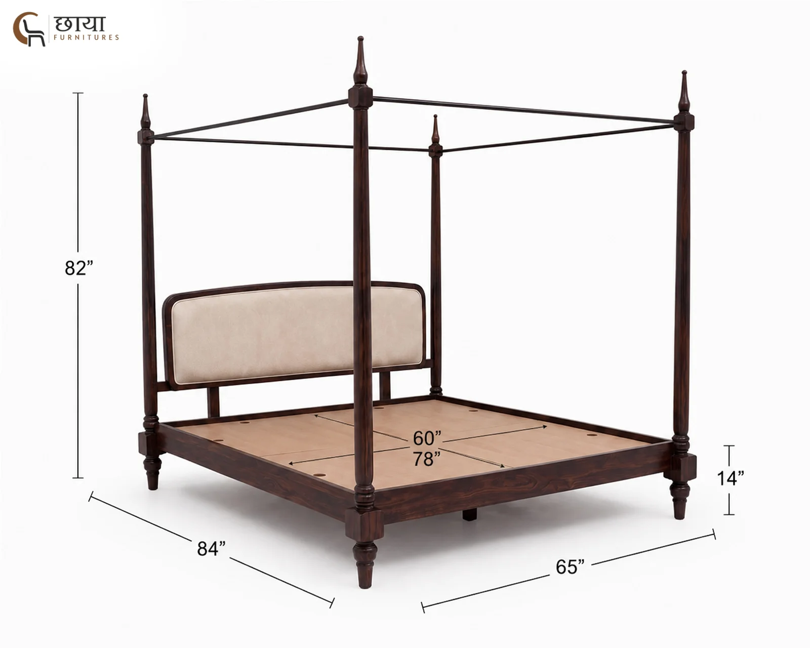 Rajveer Sheesham Wood Poster Bed Without Storage (Queen Size, Walnut Finish) — Queen size 003