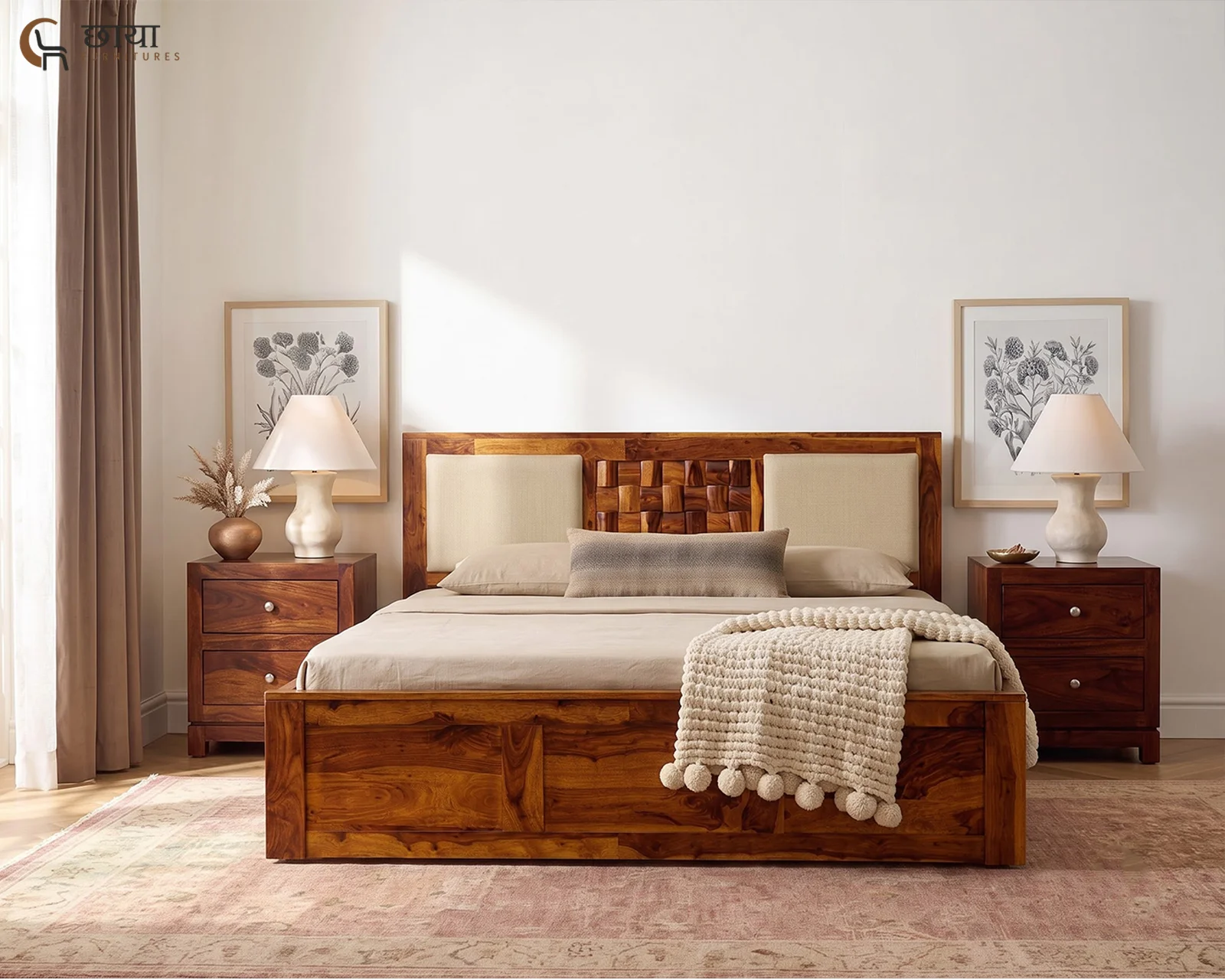 Nidra Sheesham Wood Bed With Box Storage (King Size, Honey Finish) — 003