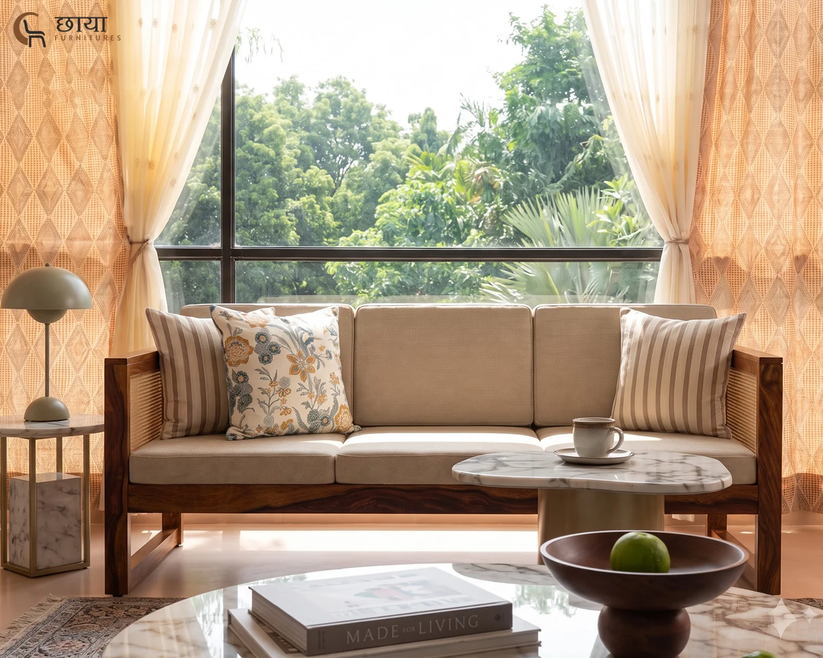 Baithak 3 Seater Wooden Sofa (Honey Finish) — 65