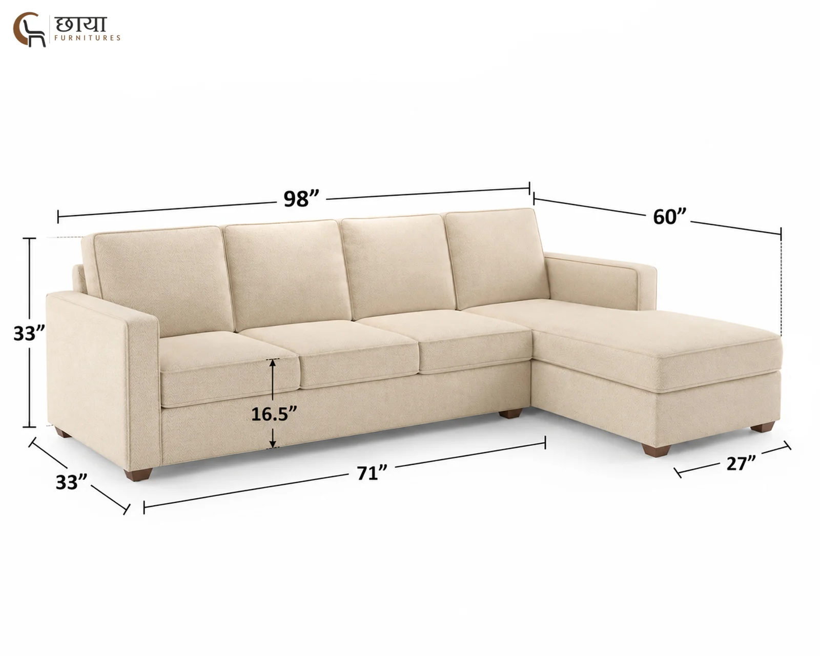 Cairo L Shape Right Aligned Fabric Sofa (Cream) — dim 2