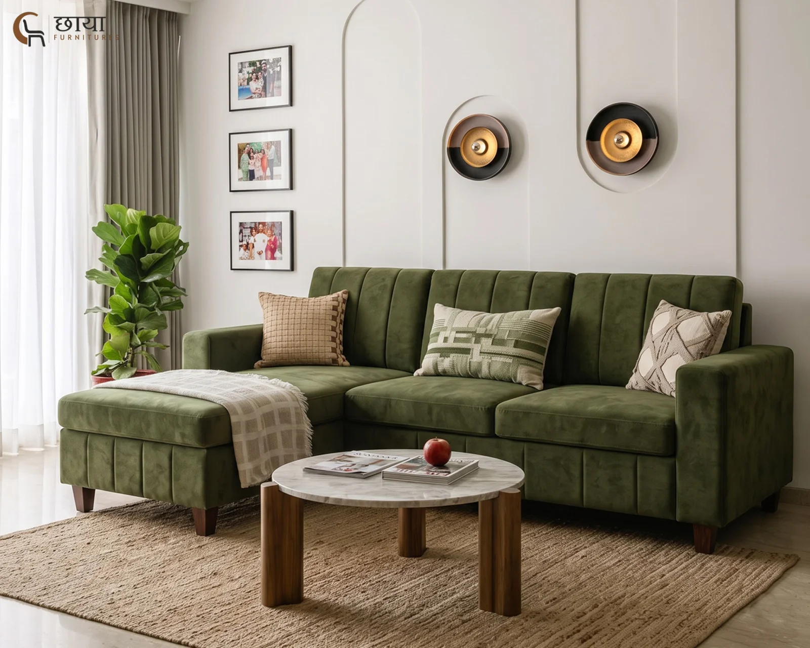 OMR L Shape Left Aligned Fabric Sofa (Green Velvet) — front