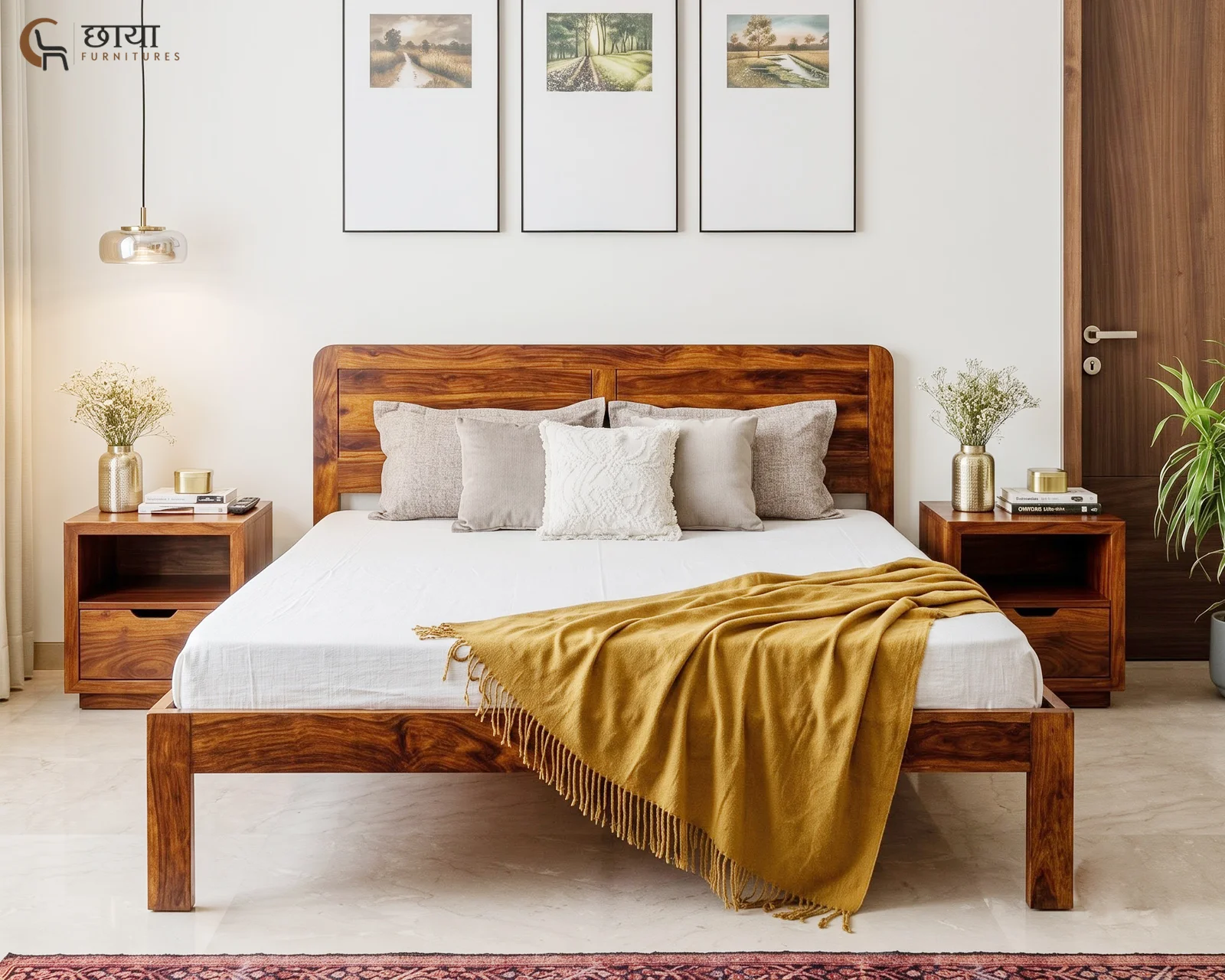 Hannah Sheesham Wood Bed Without Storage (King Size, Honey Finish) — 14