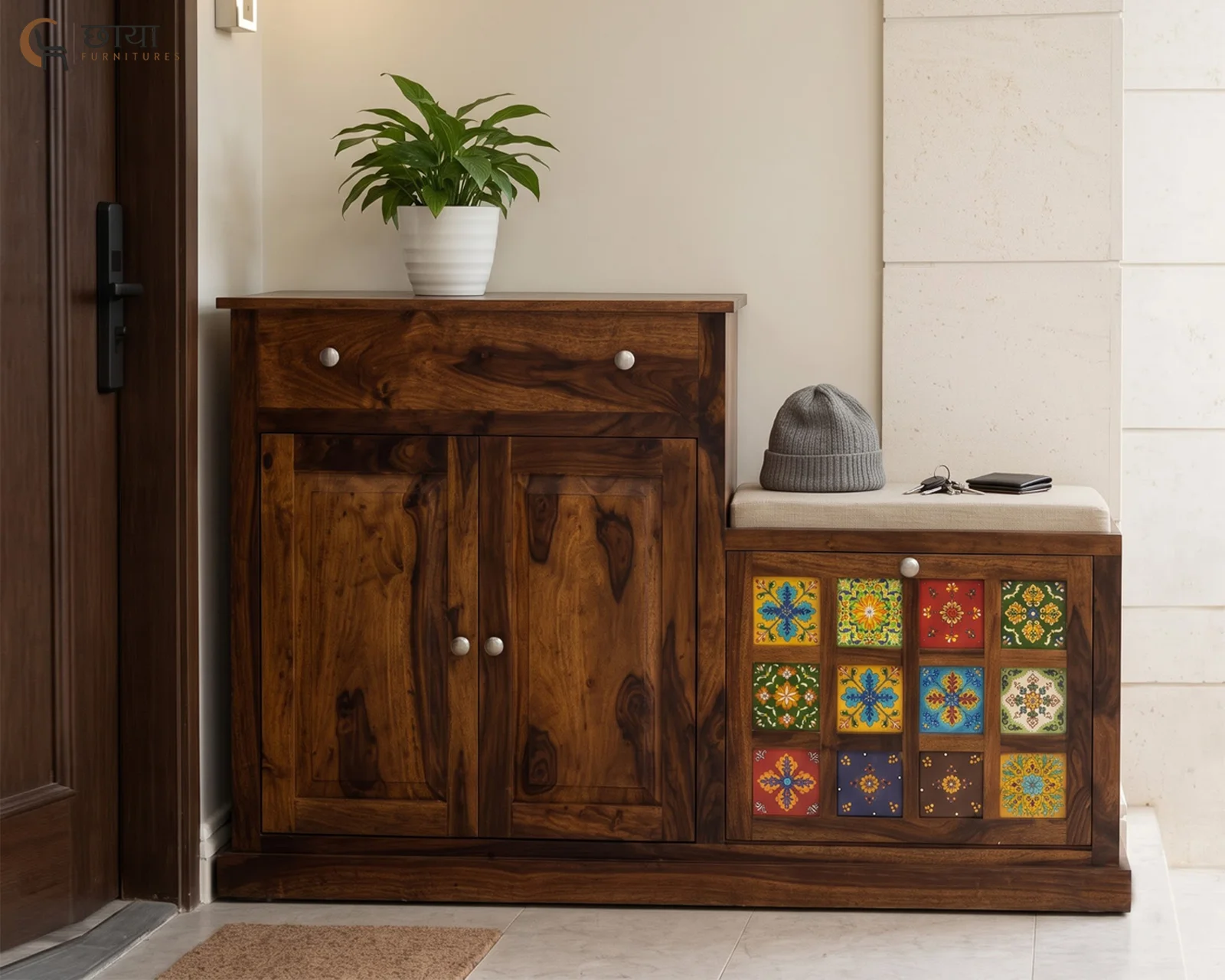 Elara Shoe Rack (Honey Finish) — 18