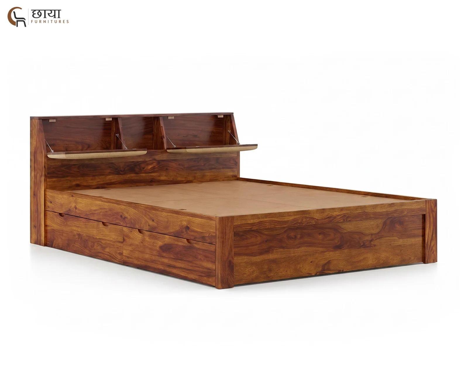 Darbar Sheesham Wood Bed With Drawer Storage (Queen Size, Honey Finish) — 1