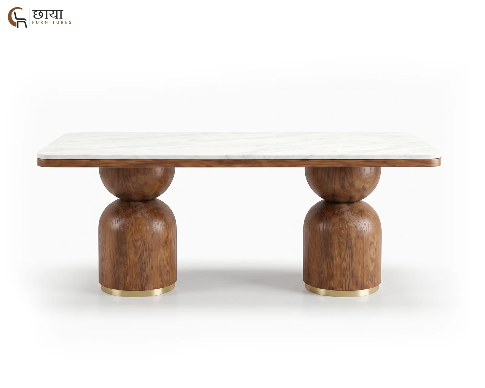 Grace 6 Seater Dining Table with Marble Top (Teak Finish) — 10