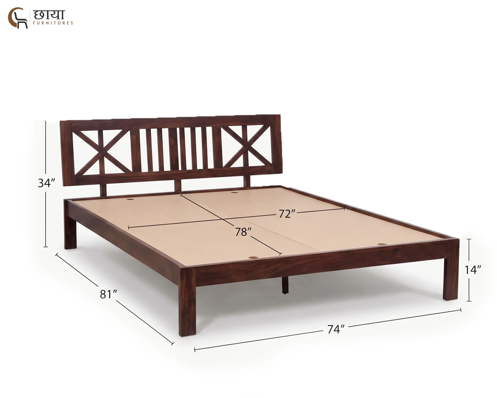 Carol Sheesham Wood Bed Without Storage (King Size, Walnut Finish) — king zie 1
