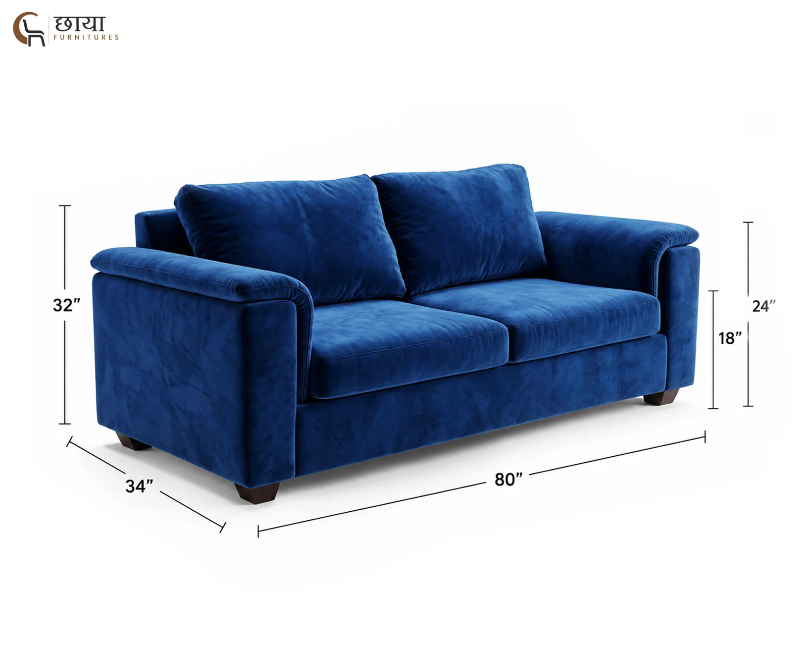 Liora 3 Seater Fabric Sofa (Blue Velvet) — dim 6