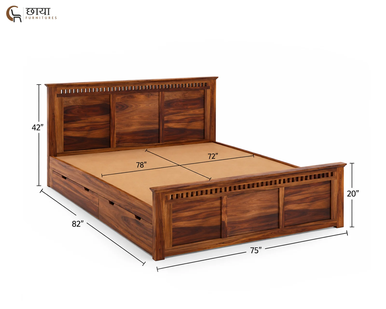 Manasa Sheesham Wood Bed With Drawer Storage (King Size, Honey Finish) — king size 1