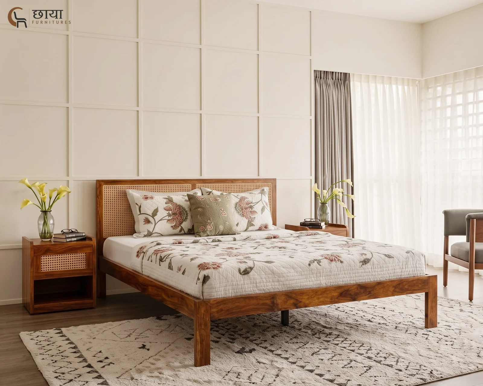 Adam Sheesham Wood Bed Without Storage (King Size, Honey Finish) — front