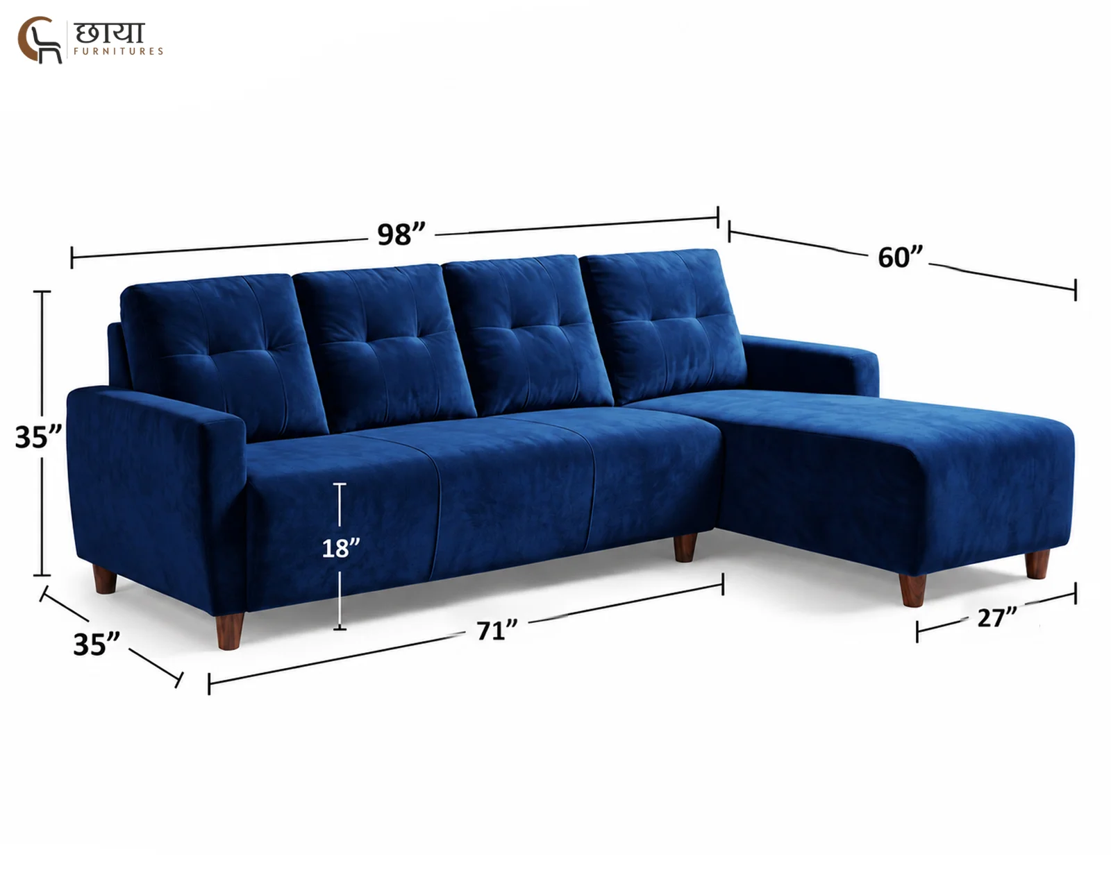 Casa L Shape Right Aligned Fabric Sofa (Blue Velvet) — dim 1