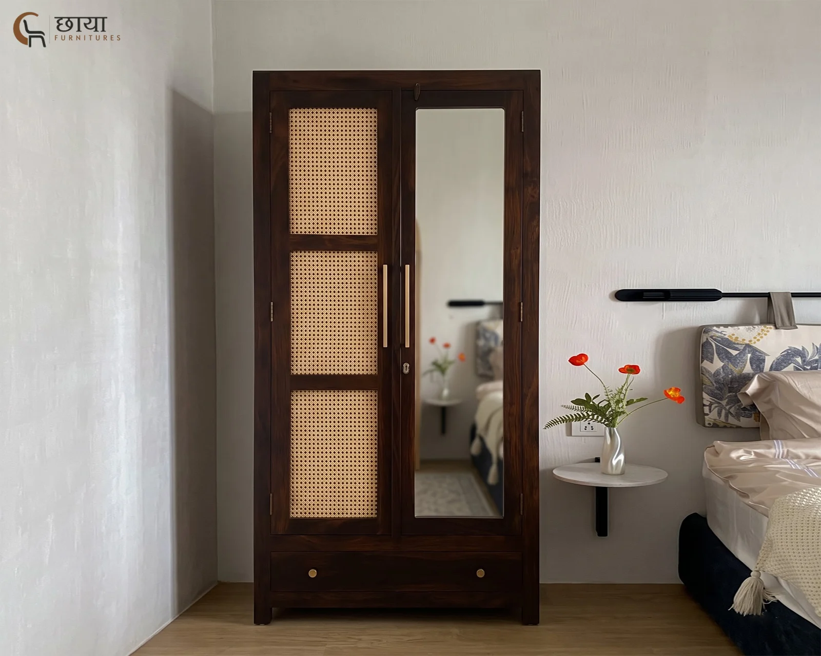 Rabel 2 Door Wardrobe With Mirror (Walnut Finish) — 14