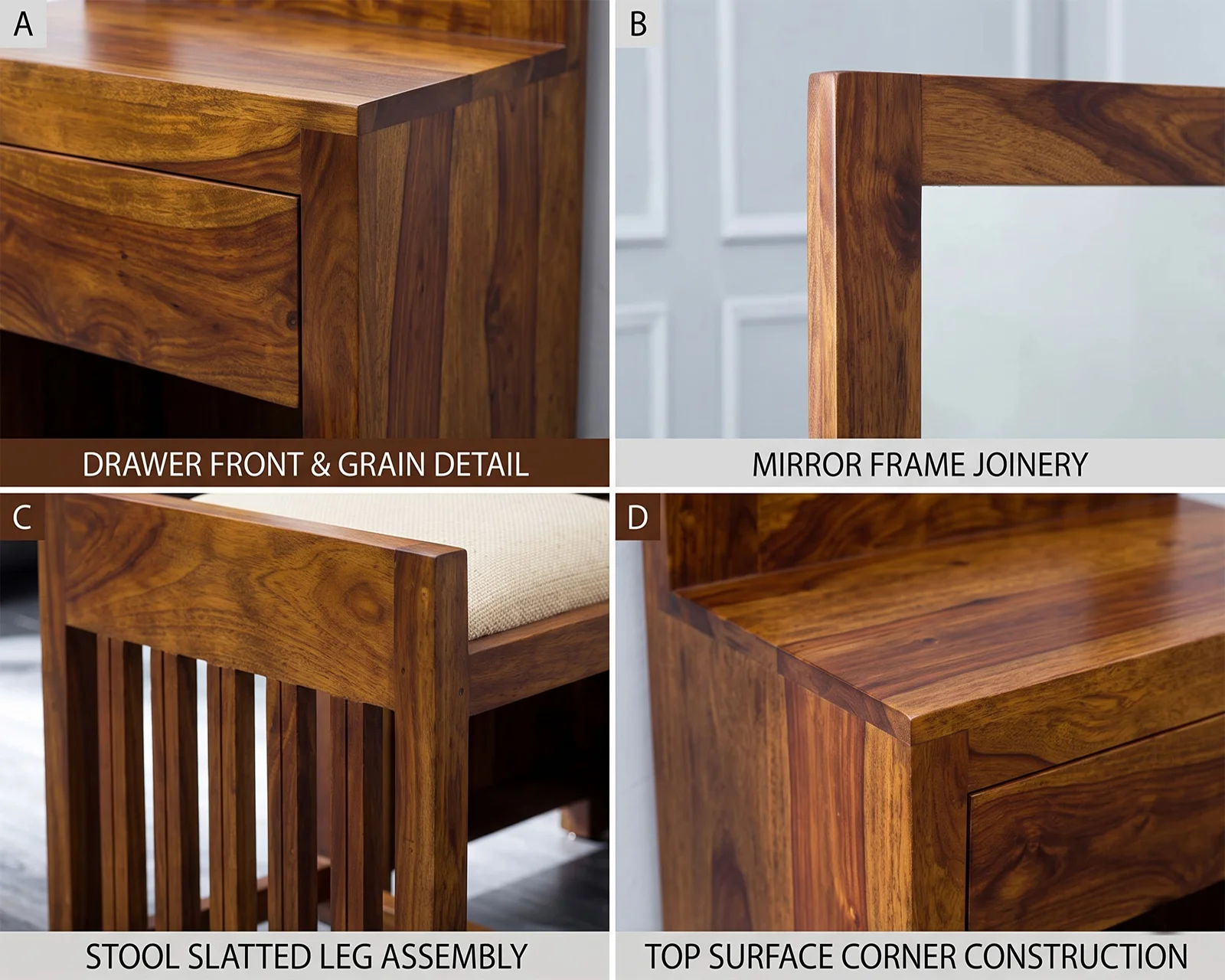 Rowan Sheesham Wood Dressing Table (Honey Finish) — 14