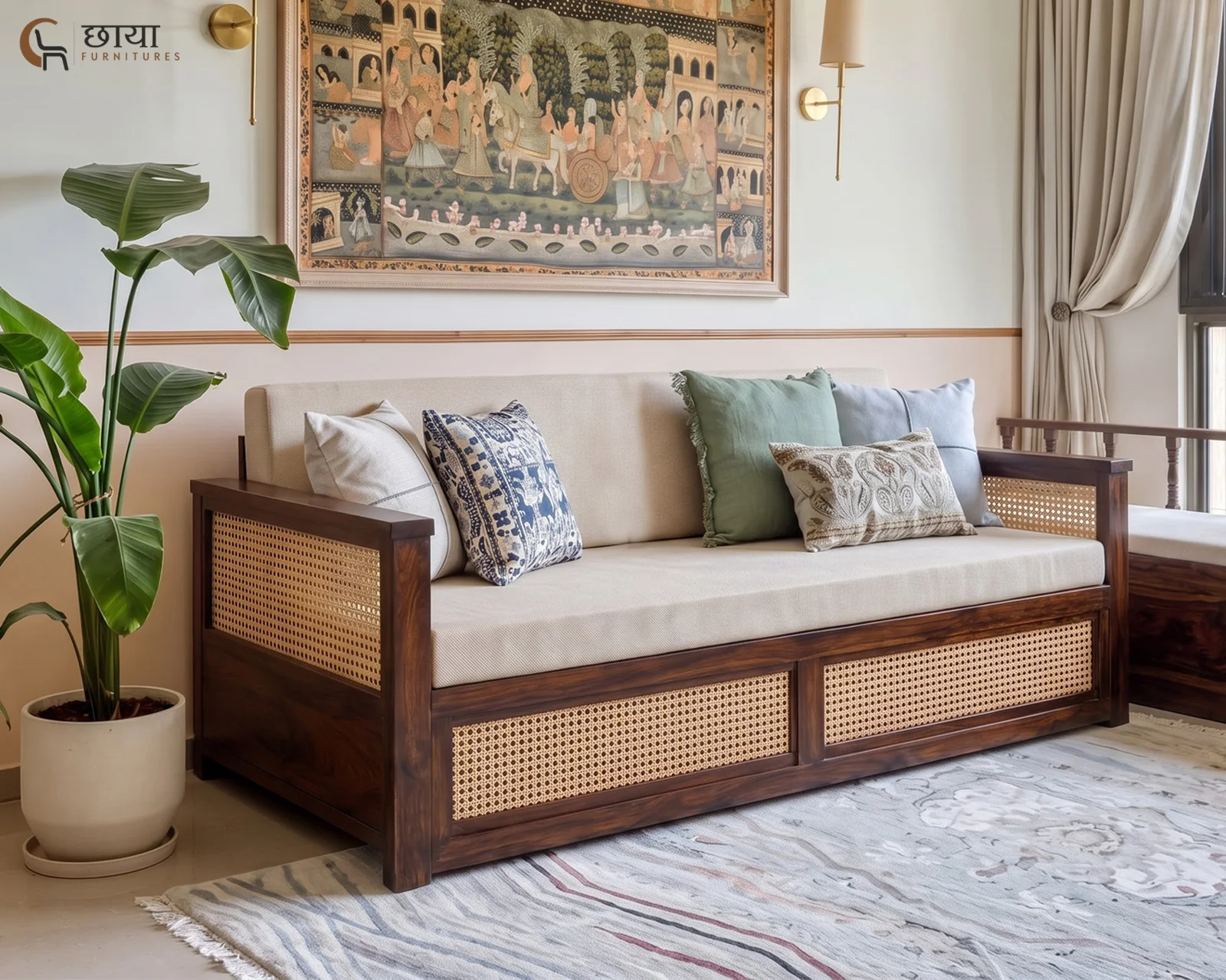 Marshal Wooden Sofa Cum Bed (Queen Size, Walnut Finish) — front (1)