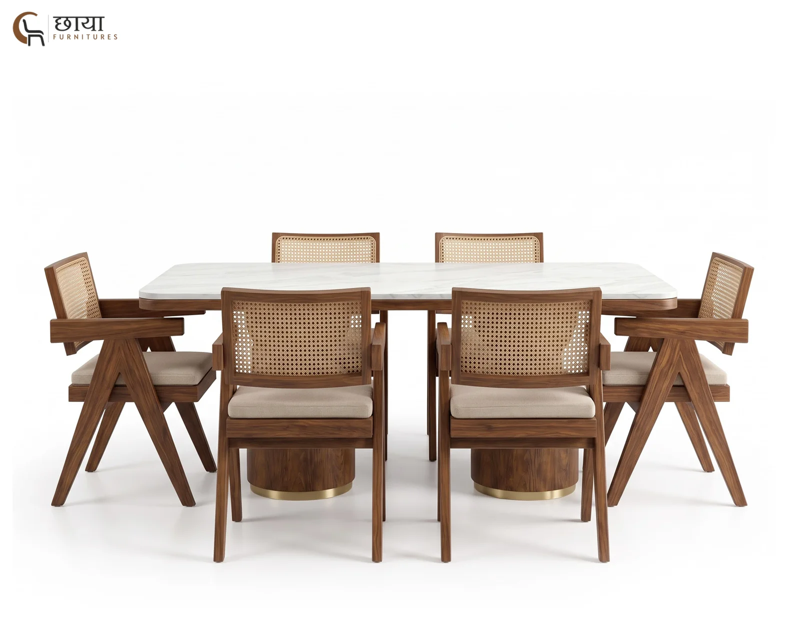 Grace 6 Seater Dining Table Set with Marble Top (Honey Finish) — 9