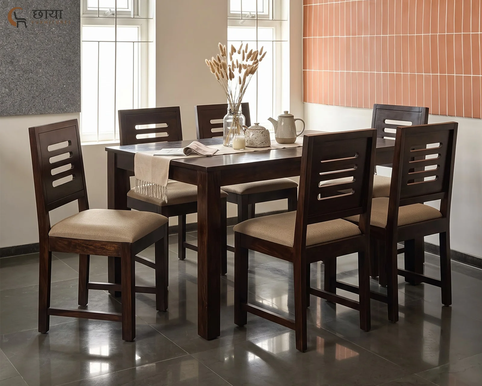Velora 6 Seater Dining Table Set (Walnut Finish) — front (1)