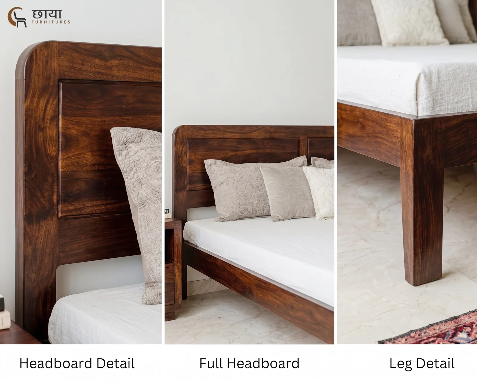 Hannah Sheesham Wood Bed Without Storage (Queen Size, Walnut Finish) — 10