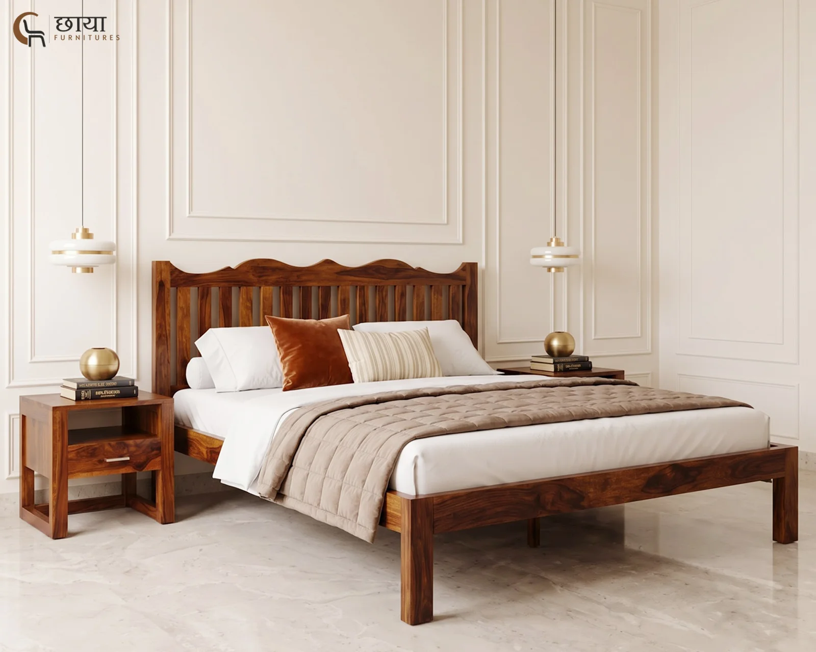 Davos Sheesham Wood Bed Without Storage (Queen Size, Honey Finish) — front (2)