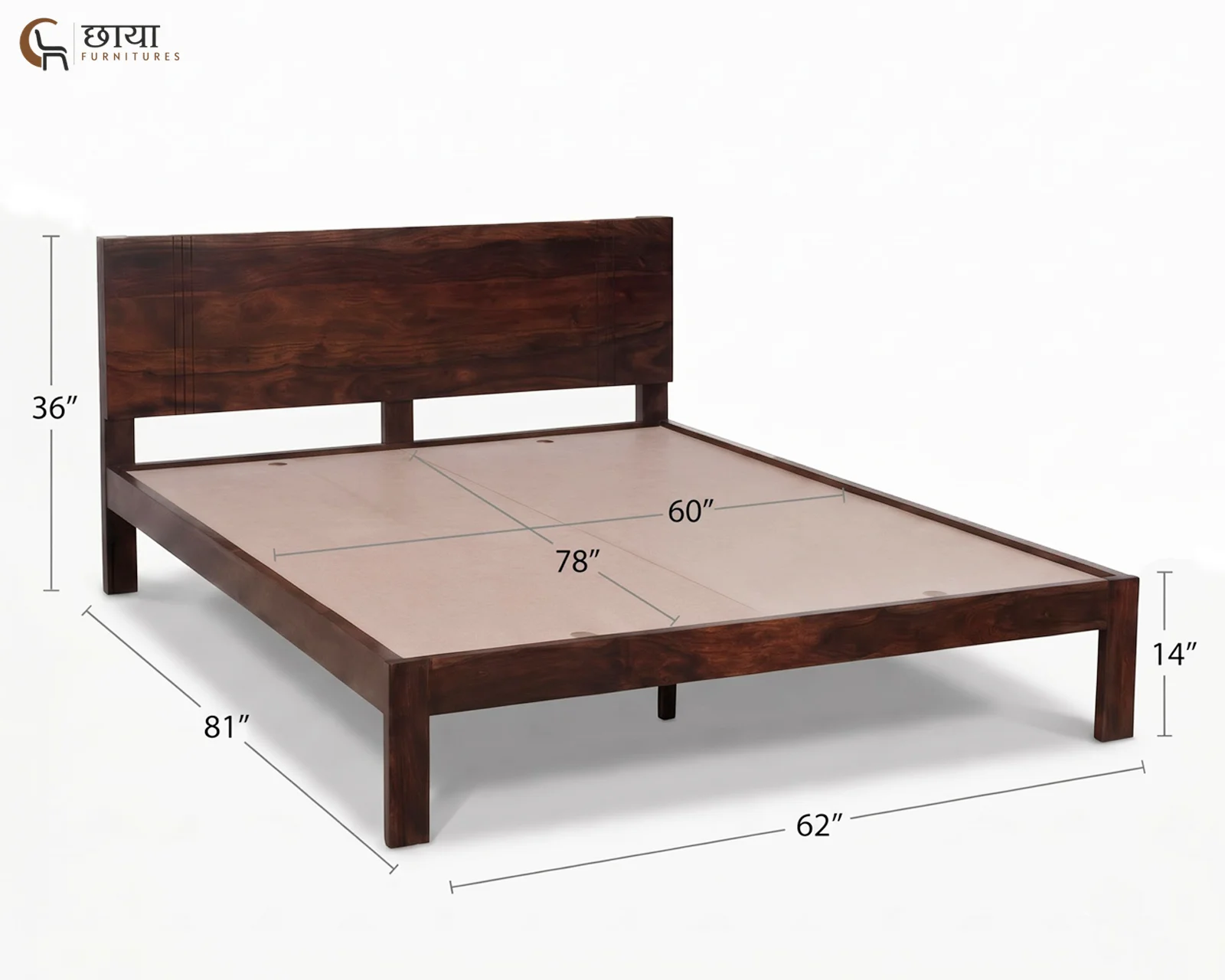 Martha Sheesham Wood Bed Without Storage (Queen Size, Walnut Finish) — honey (1)