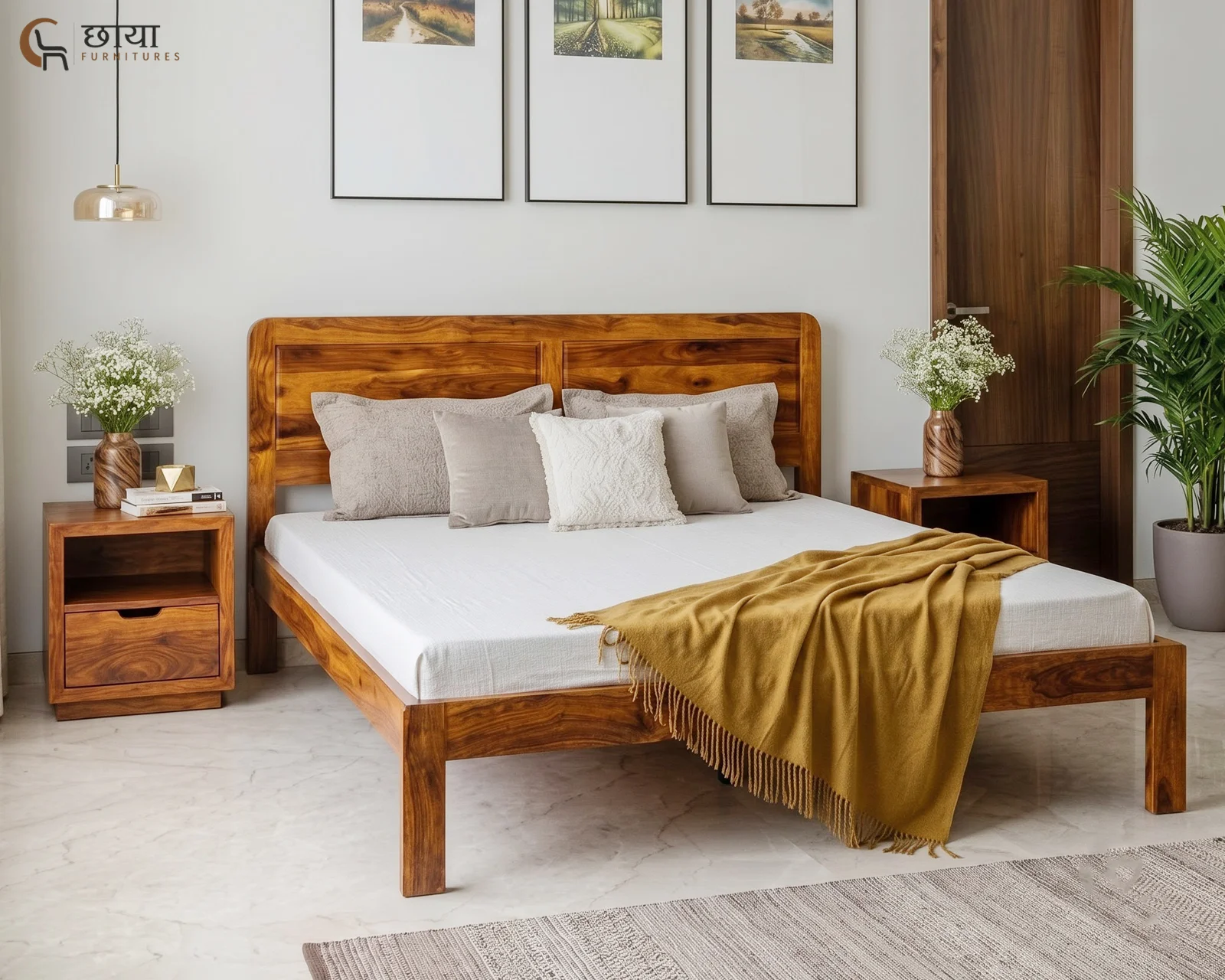 Hannah Sheesham Wood Bed Without Storage (Queen Size, Honey Finish) — front (1)
