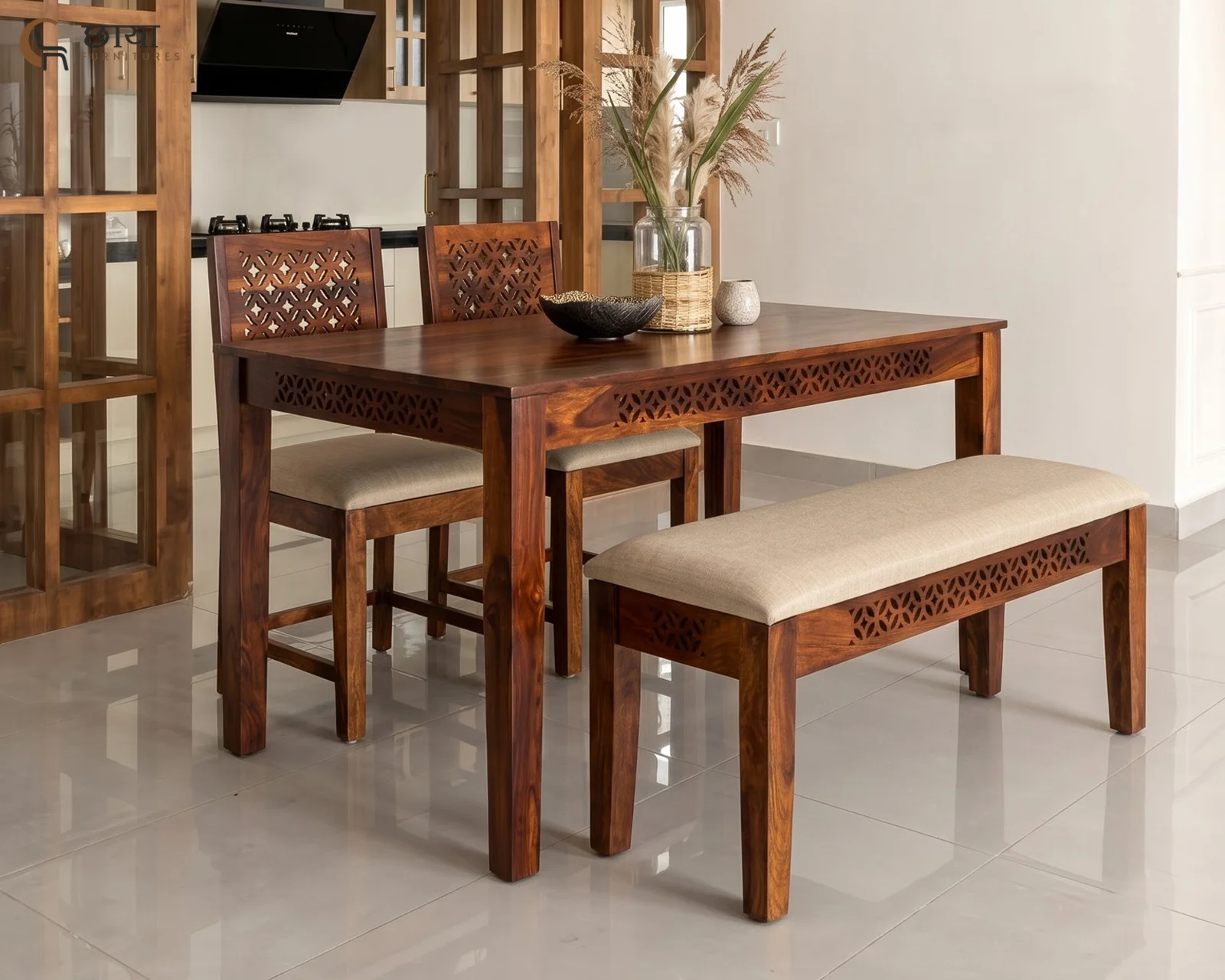 Luxe 4 Seater Dining Table Set With Bench (Honey Finish) — 32